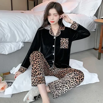 Златна кадифена пижама за жени Леопард печат с дълъг ръкав пролетна и зимна жилетка Home Service Спално облекло Дамска пижама комплект