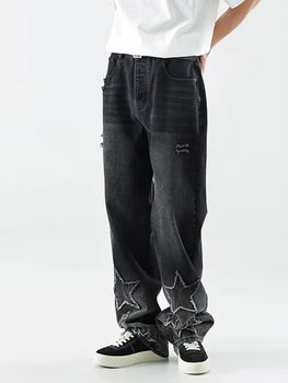 Мъже Хип-хоп Улично облекло Дънкови панталони Бродерия Звезди Деним харем панталони Черни мъжки панталони Y2k Мъжки дънки Мъжко облекло