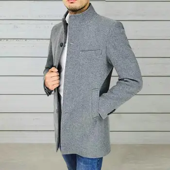 Вълнено палто стилен мъжки щанд яка тренчкот с еднореден джобове тънък годни дизайн за есента зимата износване ветроупорен