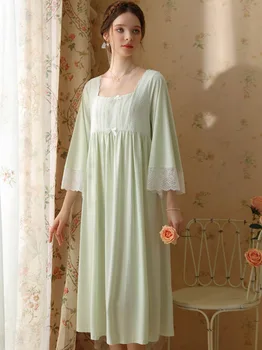 Жени пролет есен принцеса нощница дълъг ръкав дантела сладко момиче памук реколта нощ спално облекло пижами викториански нощници