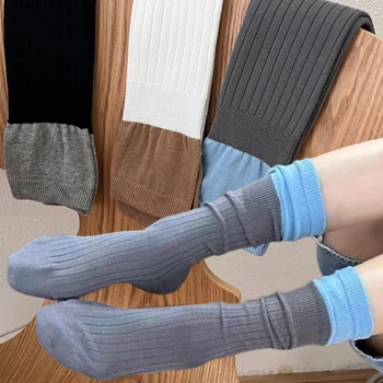 2023 Есен макет две парче оребрени екипажа чорапи тръба купчина чорапи Y2K памук мек коляното високи трикотаж женски японски kawaii чорапогащник