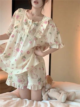 Kawaii заек печат лятна пижама комплект жени случайни две части дома костюм шорти + ризи сладък спално облекло къдри дантела пачуърк