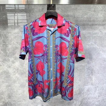 Лятна хавайска ежедневна риза Мъже High Street Retro Court Цветен контрастен печат риза Мъже Къс ръкав Streetwear Chemise Homme