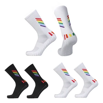 2023 Нови мъже Жени Футболни чорапи Цветни ивици Дишаща спортна стрелка Силиконова противоплъзгаща хватка Футболни чорапи Калцетини Hombr