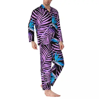 Цветен лист печат спално облекло пролет синьо лилаво случайни извънгабаритни пижама комплекти мъж дълъг ръкав удобен дом графичен нощно облекло