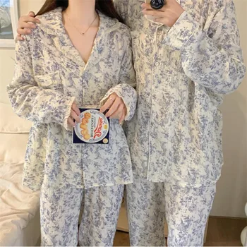 Lover пижами комплект пролет есен дълъг ръкав пижама костюм спално облекло печат цвете двойка нощно облекло хлабав памук домашно облекло
