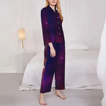 пижами жени облаци галактика стая нощно облекло звезди печат 2 парчета случайни пижама комплекти дълъг ръкав топло извънгабаритни дома костюм