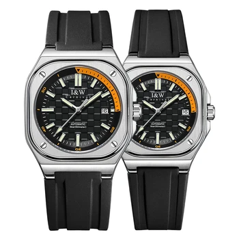 I&W Мъжки автоматични часовници Двойка Луксозен часовник Sqaure Механичен ръчен часовник Сапфир Светеща гумена каишка Miyota Движение