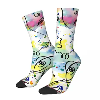 Мъжки чорапи линия лица с акварел пръски мастило ретро графити изкуство модел хип-хоп луд екипаж чорап подарък модел отпечатани