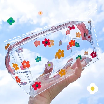 Clear грим чанта мода прозрачен пътуване преносими мини измиване чанти за съхранение ягода цвете печат жени цип козметична чанта