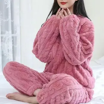 Дамски зимни пижами топло плюшено парче спално облекло комплект сгъстяване кадифе оребрени руно комплект пуловер и панталони пижами жени салон
