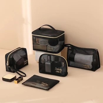 5 броя Mesh козметична чанта Mesh грим чанти Черна мрежа цип торбичка за офиси Чанти за съхранение на пътувания Тоалетни чанти грим торбичка