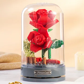 Класическа музикална кутия градивен блок, розово цвете, подарък за Свети Валентин, симулирана декорация за сглобяване на цветя