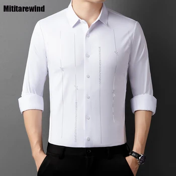 Есен Нова бяла риза с дълъг ръкав за мъже Бизнес ежедневни безшевни ризи Стреч принт риза Марка модни върхове Camisa Hombre