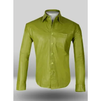 Мъжка основна зелена кожена риза Истинска агнешка кожа мека реколта тънък годни риза европейски и американски модни тенденции
