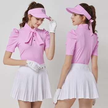 Blktee корейски жени бутер къс ръкав тениска Bowknot тънък върховете дама анти-празен голф пола висока талия плисирани кюлоти шик комплект