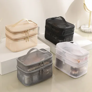 Голям капацитет грим чанта двуслойна мрежа козметична чанта за къпане торбичка пътуване тоалетни принадлежности организатор цип съхранение грим случаи