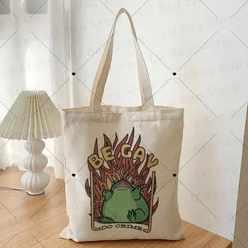Бъдете гей Направете престъпление печат Огнена жаба Leisban 2023 Модна чанта за рамо ЛГБТ чанта за подаръци Преносима дамска платно супермаркет голяма пазарска чанта