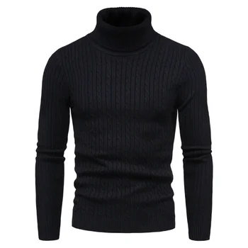 Мъже Зимни черни пуловери Turtelneck Добро качество Мъже Slim Fit Еластични пуловери Пуловери Нови мъжки твърди ежедневни пуловери РазмерXXL
