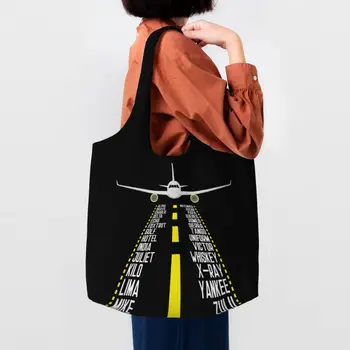 Pilot Alphabet Aviation Aircraft Подарък Пазаруване Голяма пазарска чанта Самолет за многократна употреба Авиатор Платно Магазин за хранителни стоки Чанта за рамо чанта