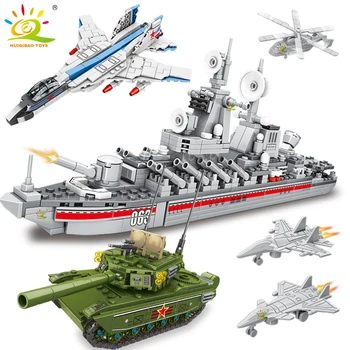 HUIQIBAO Военен самолетоносач Основен боен танк Модел Строителни блокове Момчета DIY военен кораб комплект оръжия тухли играчки деца подарък