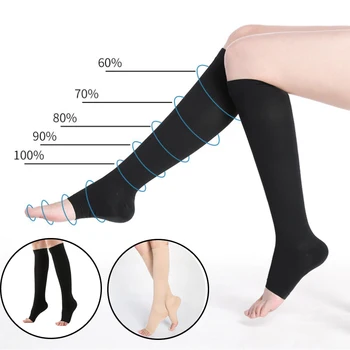 Еластични чорапи до коляното Отворени пръсти Медицински чорапи за компресиране на телета Разширени вени Оформяне на градуирани чорапи за налягане