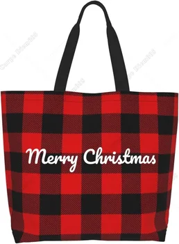 Весела Коледа сладък червен кариран голяма пазарска чанта сладък снежинка Коледа празник за многократна употреба хранителни пазарски чанти за жени мъже чанта