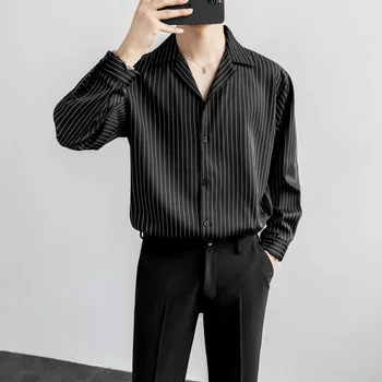 Пролет корейски раирани завой надолу яка ризи мъжко облекло темперамент копчета хлабав дълъг ръкав блуза мъже простота Top Tee