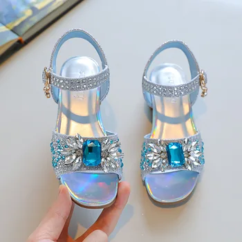 Girls Crystal Sandals Princess Baby Sequins Bow Rhinestone Blue Summer Sandals New Fashion Children's Performance Shoes H59