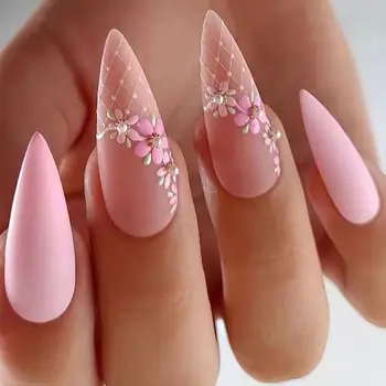 24 бр. Носенето на нокти матови подобрители на ноктите розово цвете перла нокти кръпка на едро за прекрасно момиче натиснете върху ноктите