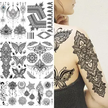 Голяма черна къна пеперуда временни татуировки за жени момичета реалистични дантела висулка кит фалшив татуировка стикер ръка обратно Tatoos