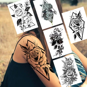 Мода черно цвете временни татуировки стикер за жени боди арт ръка Tatoos за фестивал реалистични фалшиви геометрични роза татуировки