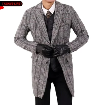 Висококачествено вълнено палто Удебелени топли мъжки якета Бизнес ежедневни вълнени палта Мода Отпечатани ревера Woolen Man Windbreaker