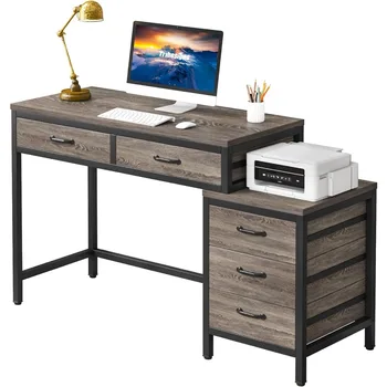 Компютърно бюро с 5 чекмеджета, бюра за домашен офис с реверсивна стойка за принтер за чекмеджета, индустриално PC бюро