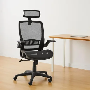 Офис стол, стол с регулируема височина облегалка с обръщащи се подлакътници и подглавници, отличаващ се с мрежеста дизайнерска седалка - черна