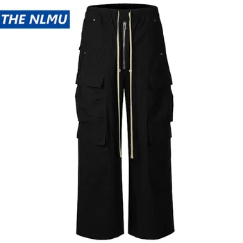 Hi Street Wide Leg Pants Men Multi Pockets Loose Cargo Pants Fashion Luxury Designer Man Pants Trousers Black