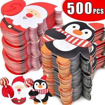 500pcs Коледа близалка хартиени картички карикатура Дядо Коледа пингвин снежен човек деца бонбони подаръци пакет опаковане Нова година украса