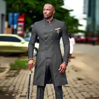 2022 Класически тъмно сив мъжки костюм Slim годни сватбени костюми за мъже младоженец смокинг африканска сватба двуреден най-добър мъж блейзър