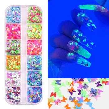 Лазерна илюзия смесен цвят нокти пайети за маникюр дизайн звезда пеперуда флуоресцентни DIY нокти декорация пайети 12 цвята