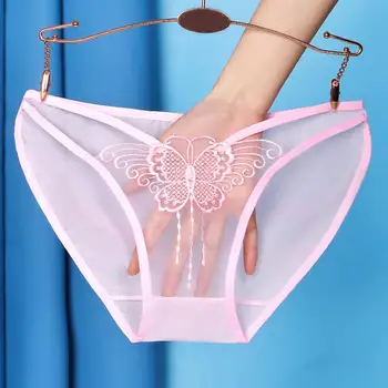 Mid-rise безшевни бродерия пеперуди печат жени слипове ултра-тънки прозрачни секси долни гащи