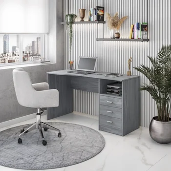 Класическо компютърно бюро с множество чекмеджета, сиво бюро офис мебели офис маса